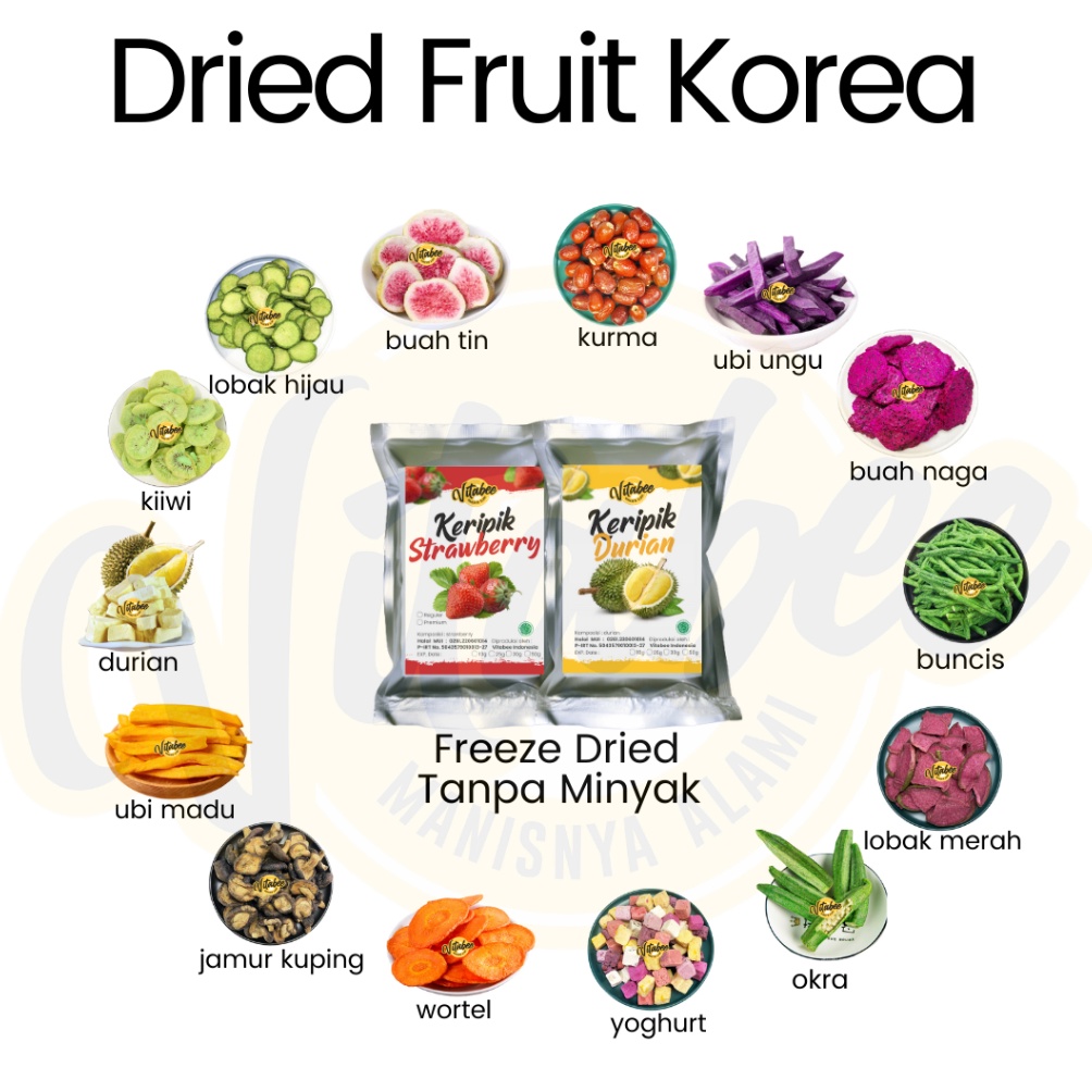 

WOW Dried Fruit Keripik Kripik Buah dan Sayur Korea Vitabee Strawberry Okra Durian Kiwi Buah Tin 5gr