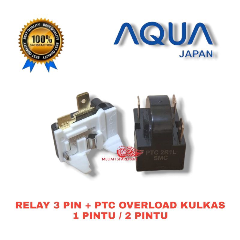 (1 set ) Relay 3 pin + PTC overload kulkas AQUA JAPAN 1 Pintu / 2 Pintu
