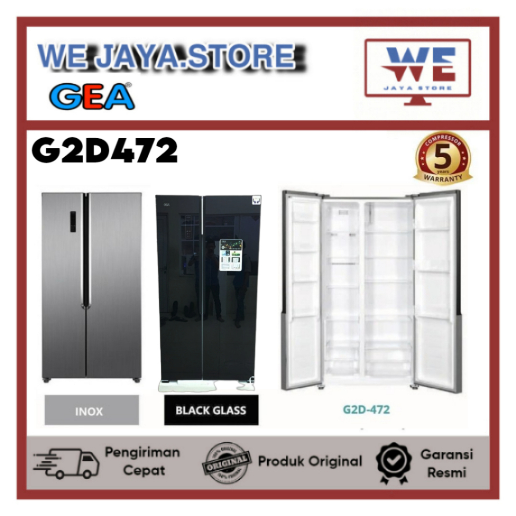 KULKAS GEA SIDE BY SIDE 2 PINTU G2D472 INOX/BLACK GLASS LOW WATT 472L