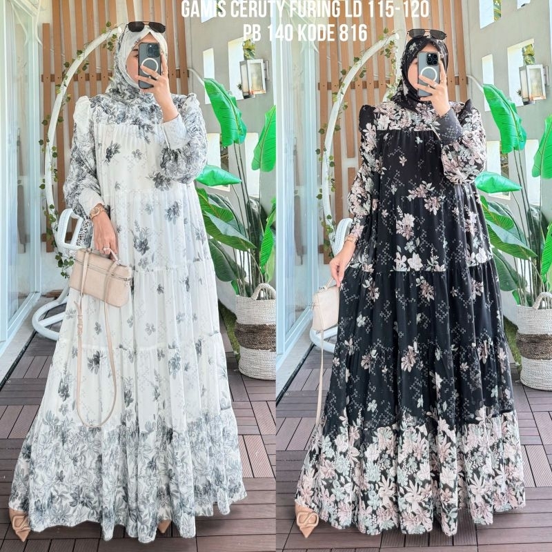 Gamis Sethijab Kode 816 Bahan Ceruty Furing Motif Bunga Besar Ruffle Tangan