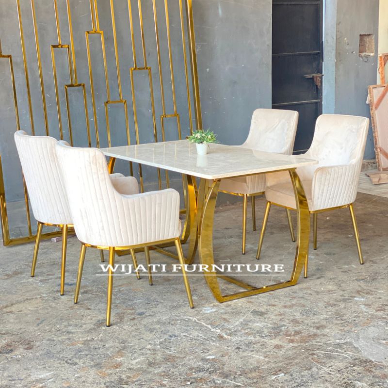 Set Meja Makan 4 Kursu Marmer Asli Stainless Gold , Set Kursi Makan 4 Kursi Mewah