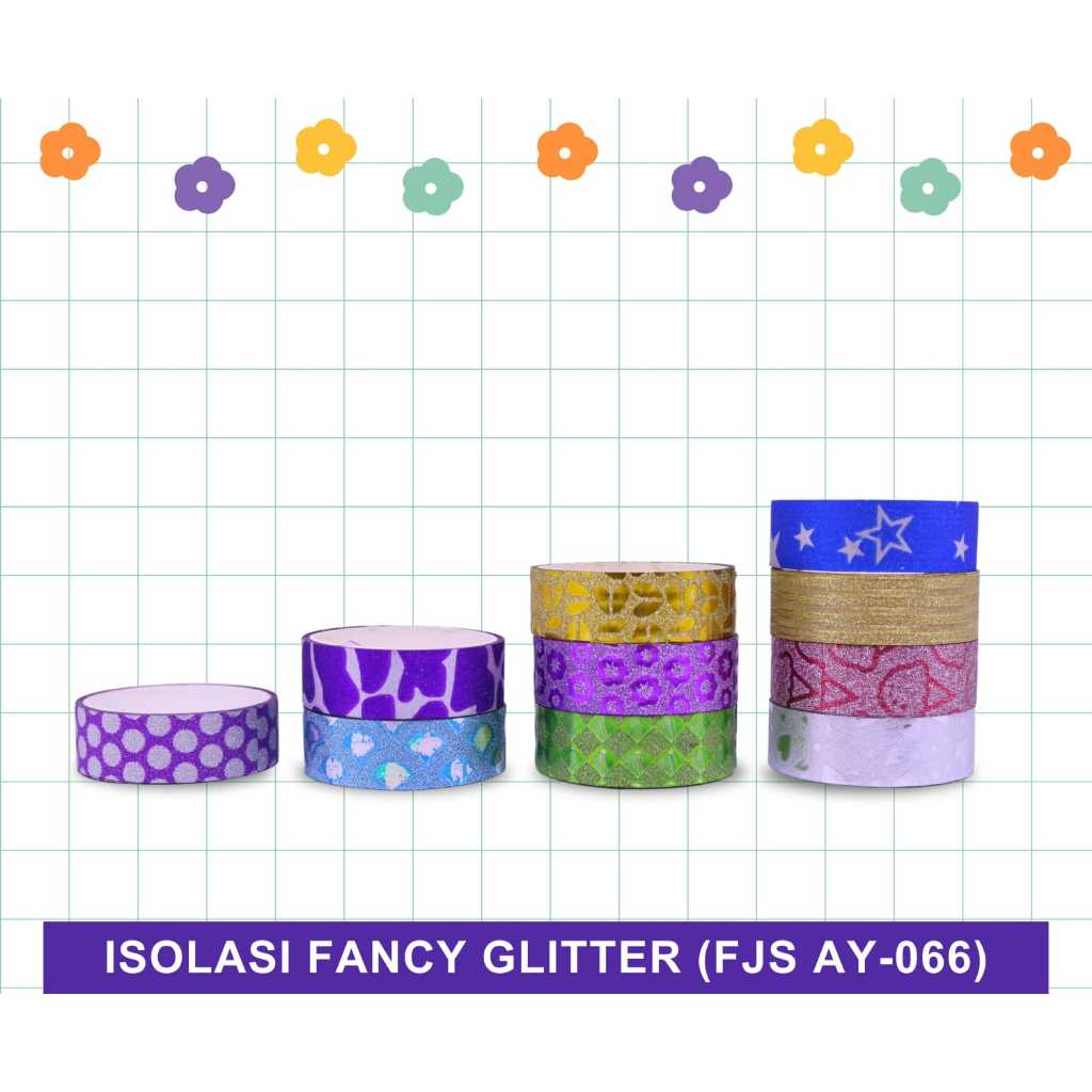 

Isolasi Fancy Glitter/ Selotip Glitter Motif Warna Warni/ Isolasi Kado/ Lakban Mini Motif 1Slop Isi 10