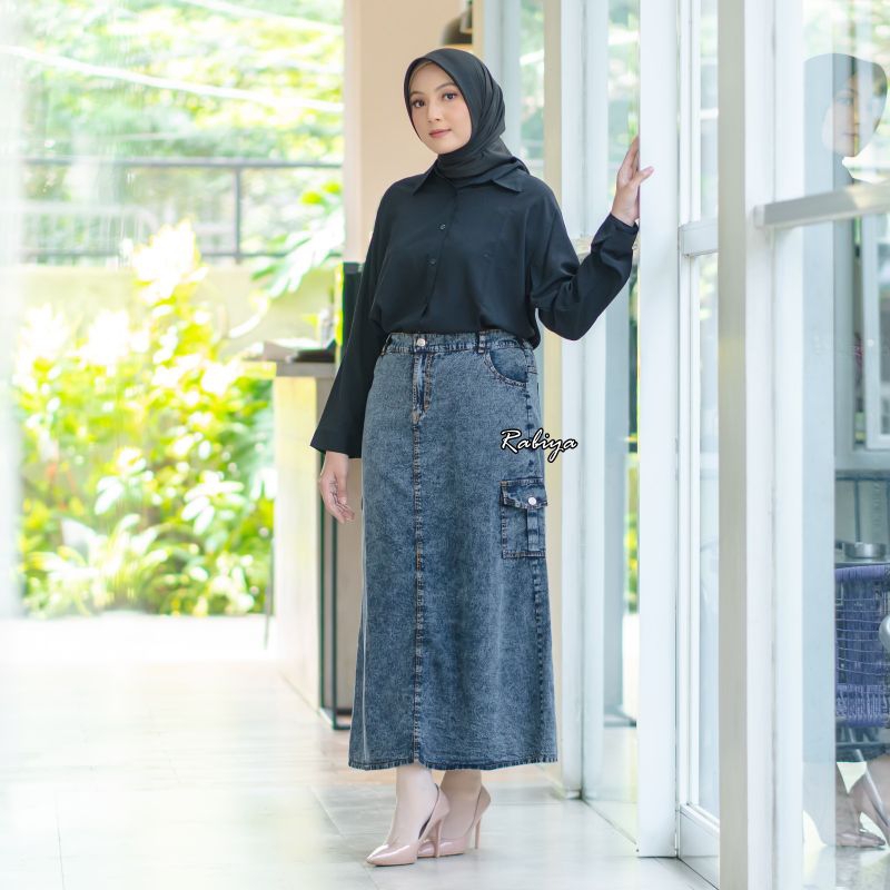 Rok jeans kargo wanita korean style midi/trend Higwaist karet belakang super jumbo