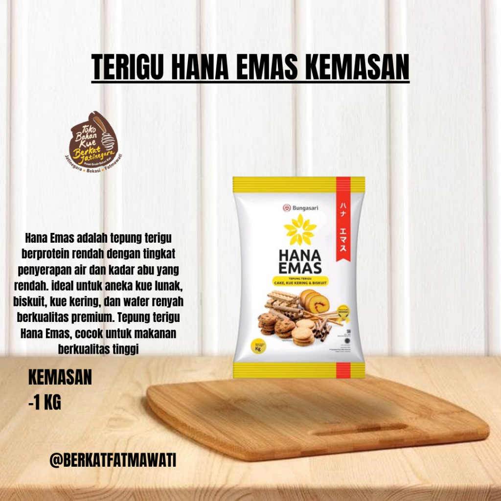 

BUNGASARI HANA EMAS TEPUNG TERIGU PREMIUM CAKE DAN COOKIES 1 KG / TEPUNG TERIGU KEMASAN 1 KG