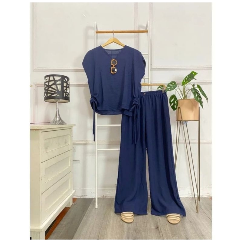Dolla One Set Polos Crinkle Airflow Oneset Wanita Terbaru/ Setelan Atasan dan Bawahan Kekinian/ Sete
