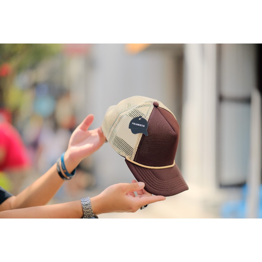 Topi Jaring Tali Polos Premium COKLAT COKLAT KREM POLEMISTIS Bahan tebal jahitan rapih