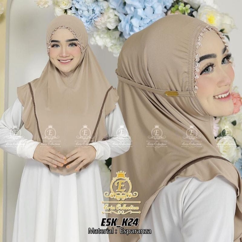JILBAB INSTAN KERUT MUKA RENDA LIST/HIJAB INSTAN NON PET/BERGO INSTAN ORI BY ERIN COLLECTION ESK_K24