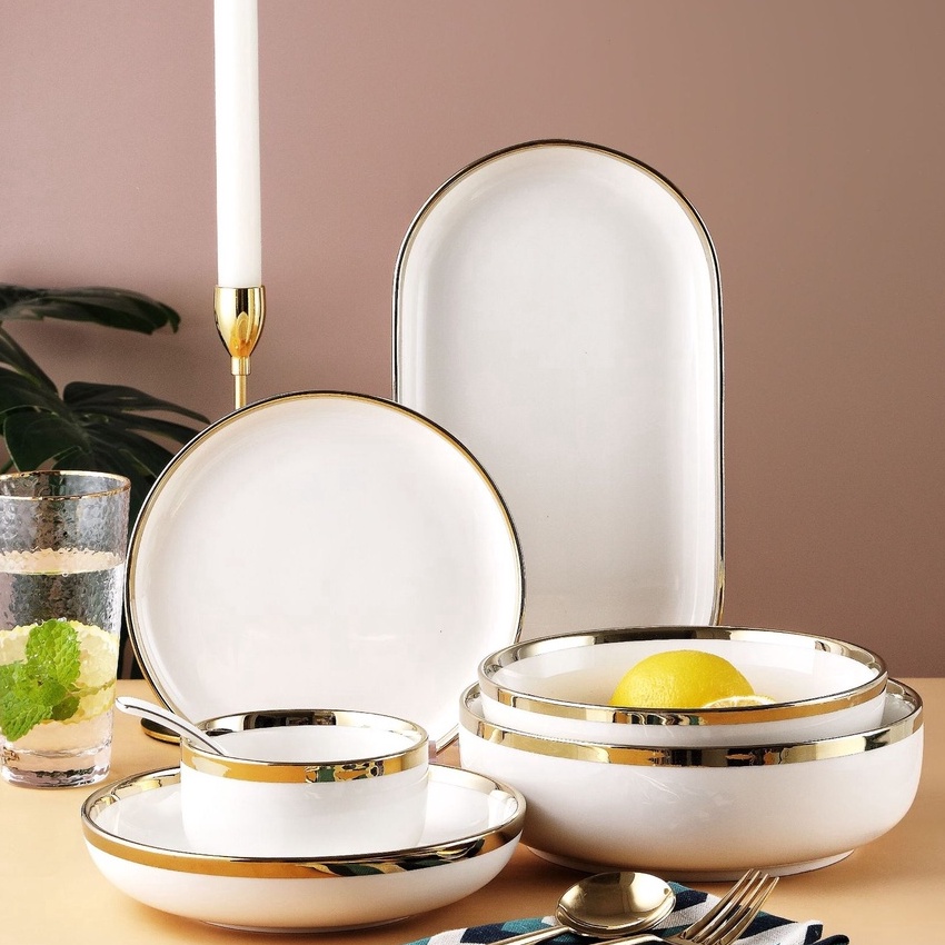 Kilat ASHOME Piring Makan Keramik Putih Gold  Piring Putih Keramik List Gold  Mangkuk Keramik Putih 