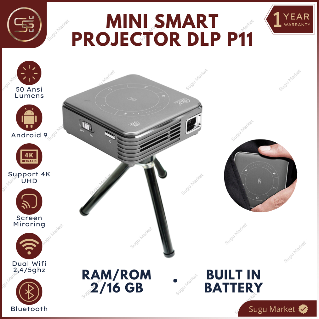 Proyektor DLP P11 50 ANSI Lumens Built in Battery 3000mAh | Proyektor DLP P11 Android 9 2GB/16GB Air