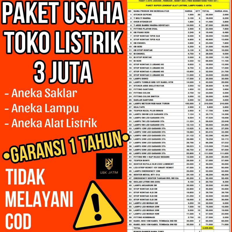 PAKET BELANJA USAHA ALAT LISTRIK UBK 3 JUTA + HADIAH