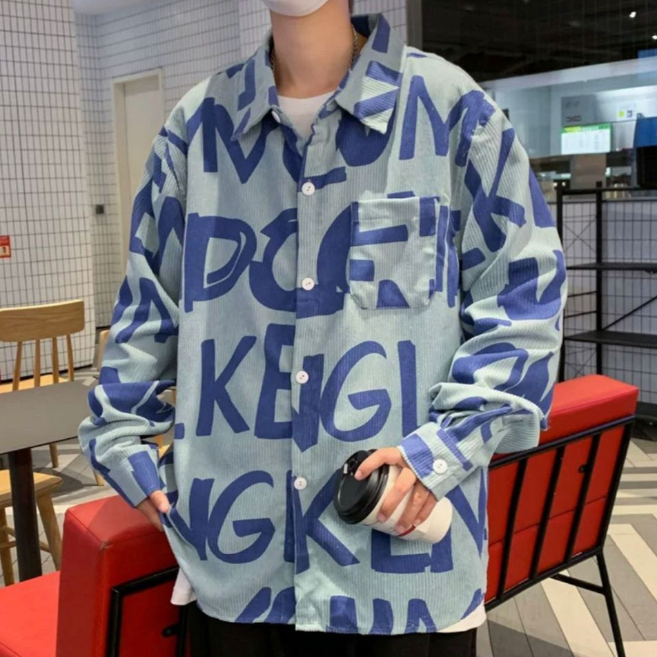 Kemeja Lengan Panjang Korean Style Pria Cowok Motif Korea Katun Super Nyaman Oversize