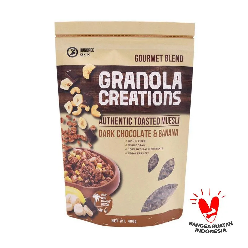 

HUNDRED SEEDS GRANOLA CREATIONS DARK CHOCO & BANANA GOURMET BLEND 400GR