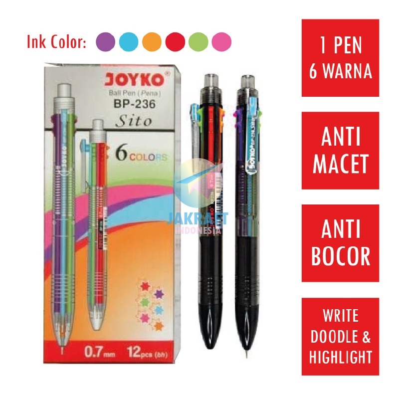 

READY STOCK 1 Pcs Pulpen Ballpoint 6 Warna in 1 Pen JOYKO BP236 SITO Tebal 7 mm Anti Macet Seperti BIC