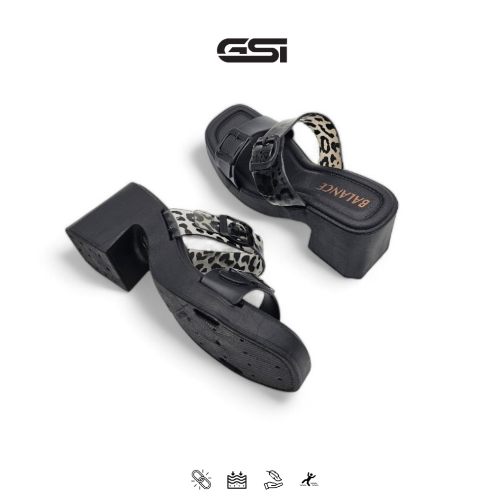 GSI Shoes - Sandal Wanita Sandal Slop Hak Tinggi Motif Tali Loreng Bahan Karet PCU Elastis Empuk dan