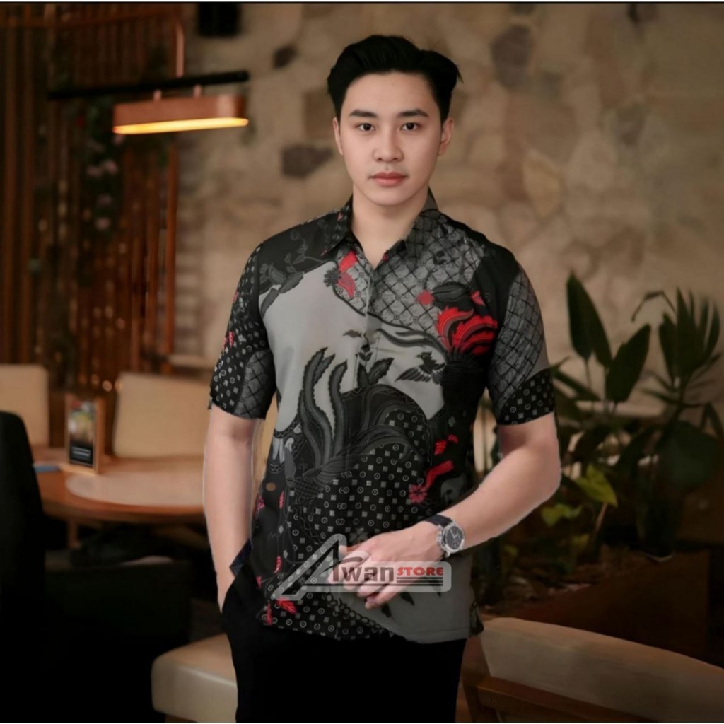 TERBARU Kemeja Batik Pria Lengan Pendek Abu abu Hem Baju Batik Pria Lengan Pendek M L XL XXL