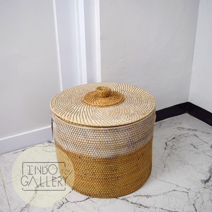 KERANJANG BULAT ROTAN TWO COLOUR / KERANJANG & PENUTUP SERBAGUNA