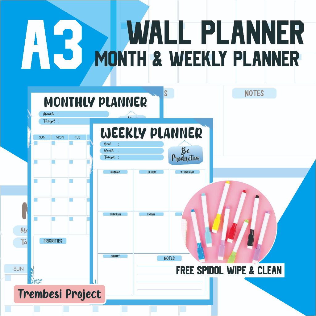 

WALL PLANNER | MONTHLY PLANNER | WEEKLY PLANNER BIRU MINIMALIS | POSTER TEMPELAN DINDING KAMAR GRATIS SPIDOL