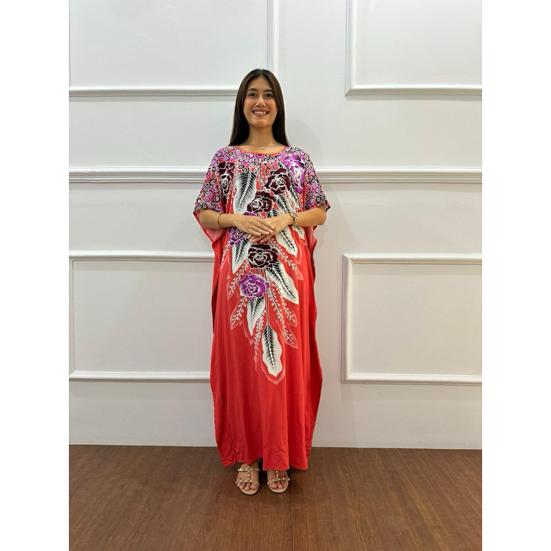 Daster Longdress Kaftan Wanita Motif Daun Putih
