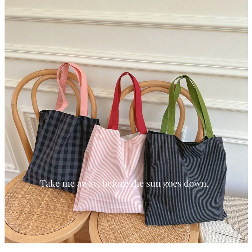 CLV 12.12 Buy1Get1 All 20% off Tas Tote Kain Besar Laptop A4 Garis Kotak Pink Biru Hitam Brown Hitam