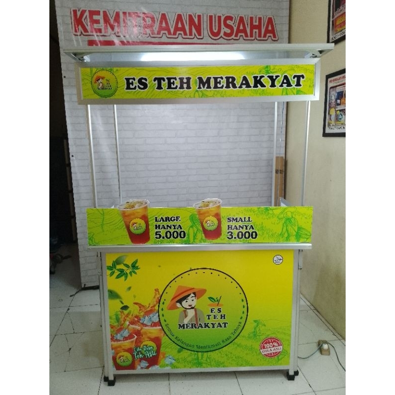 Booth Portable Meja Lipat Rombong Es Teh dengan Atap Datar dan Bonus Lampu