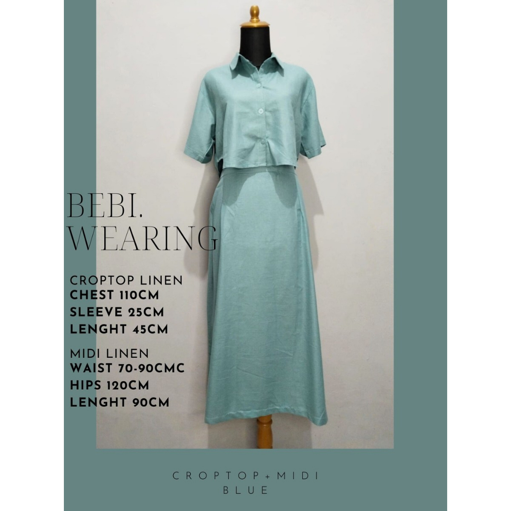 ONE SET LINEN BLUE/ROK MIDI LINEN/CROPTOP LINEN/ROK LINEN/KEMEJA LINEN/BASIC LINEN
