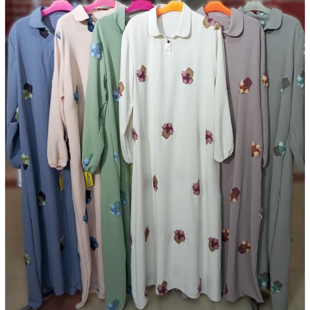 GAMIS BAHAN CRINKLE POM-POM, KERAH BABY, BUCKET BUNGA BORDIR