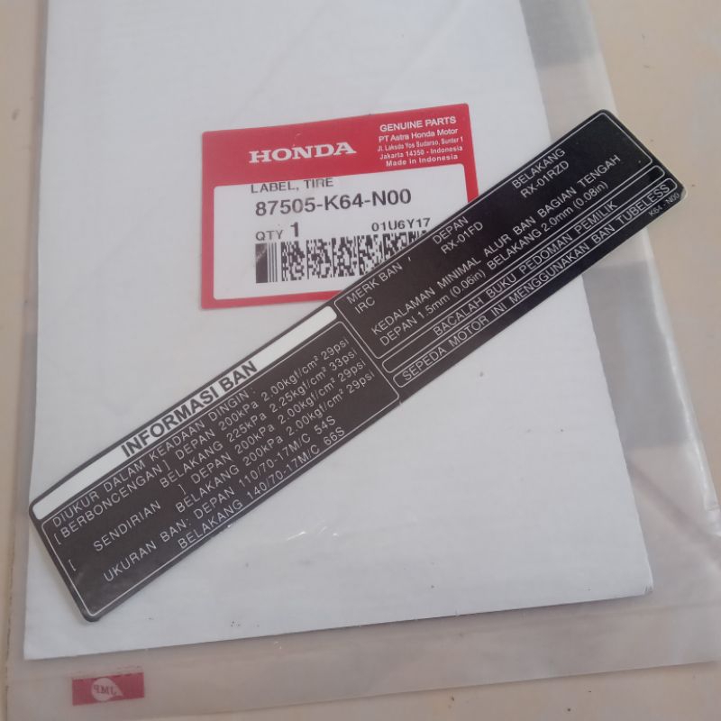sticker stiker label tekanan ban tire cbr 250r k33a cbr 250r kyj cbr 250rr lama original honda