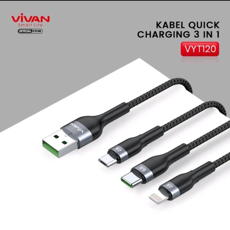 Kabel data 3IN1 VIVAN Fast charging 6A micro usb lightning type c black