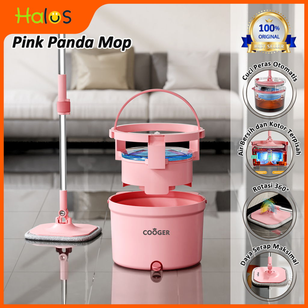 HALUS Pink Panda Automatic Spin Mop New Version Pel Lantai Dengan Ember Pemisah Air Kotor dan Bersih