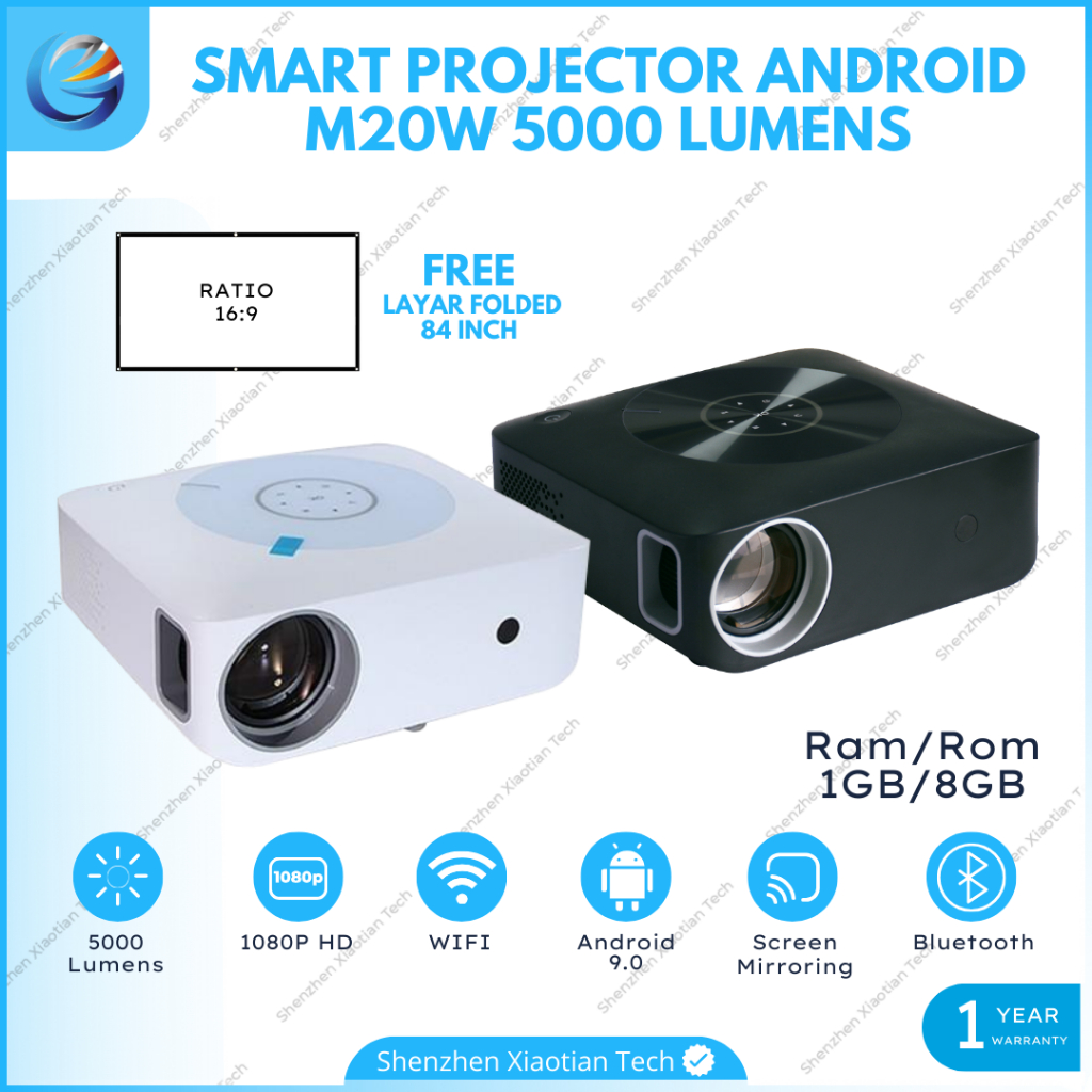 Smart Proyektor M20W Pro Android 9.0 Wifi 5000 Lumens | Proyektor Android 4K Full HD | Proyektor 108