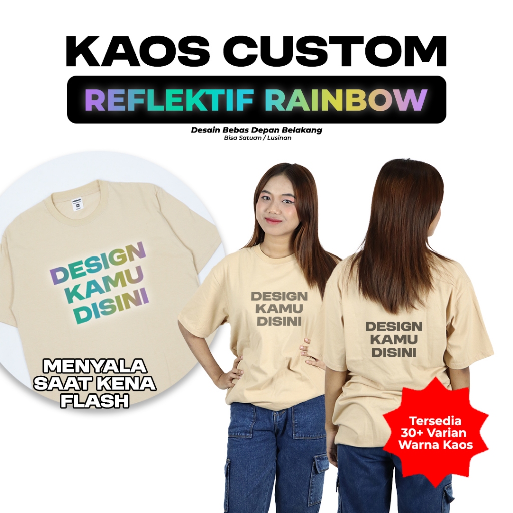 Kaos Custom Sablon Satuan Reflective Rainbow 2 Sisi Reflektif Menyala Saat Kena Flash Pria Wanita