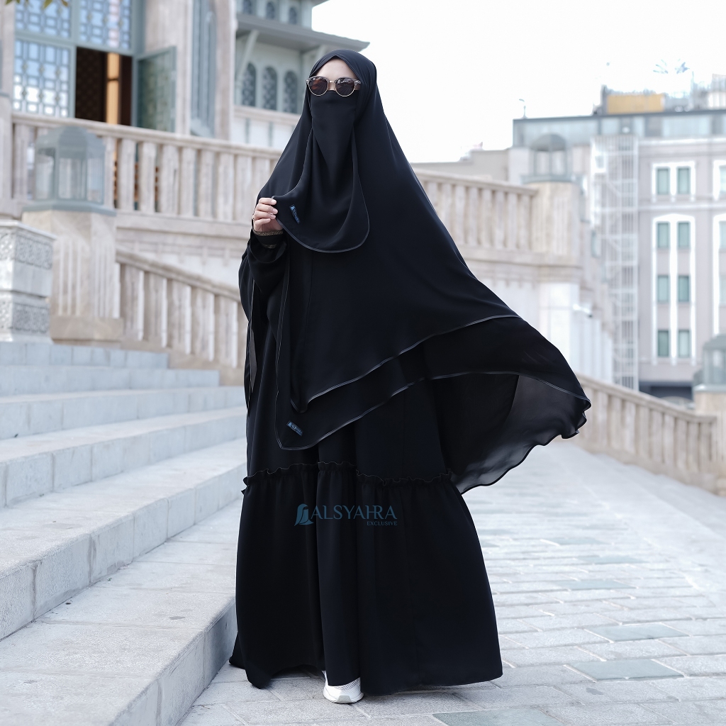 Alsyahra Exclusive - Set Khimar Syari Shofa Bisban 2 Layer Cadar Sifon Silk Jetblack Size XXL