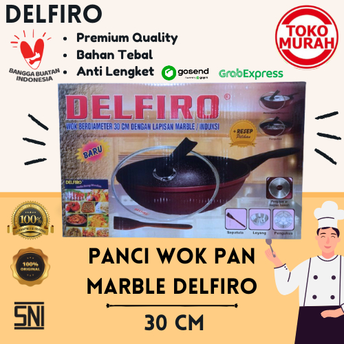 Wajan/Panci Induksi Wok Pan Marble DELFIRO 30 CM Anti Lengket Bahan Tebal Tutup Kaca
