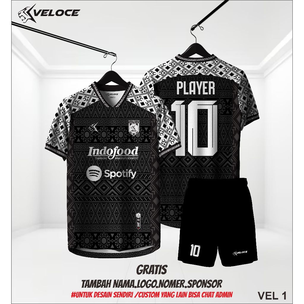 Jersey Custom Full Print Nama Nomor Logo Motif Hitam Putih Veloce.Ind Baju Sepak Bola Futsal