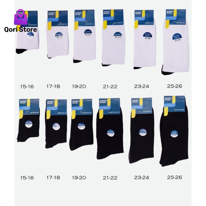 Qori Store - Arvio Kaos Kaki Sekolah Putih Tapak Hitam Premium / Kaus Kaki Student / Kaos Kaki Sekol