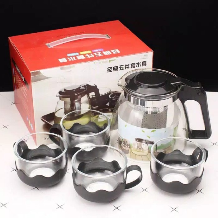 TEA POT SET 5 IN 1 TEKO KACA SARINGAN