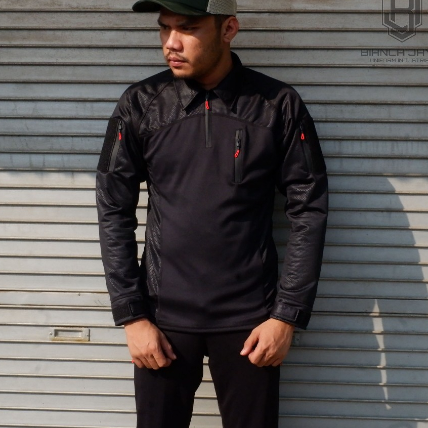 ARMY.SUPPLY - Baju Kaos BDU Tactical Scuba Kombinasi Embos Hitam Bahan Tebal Tni Lengan Panjang