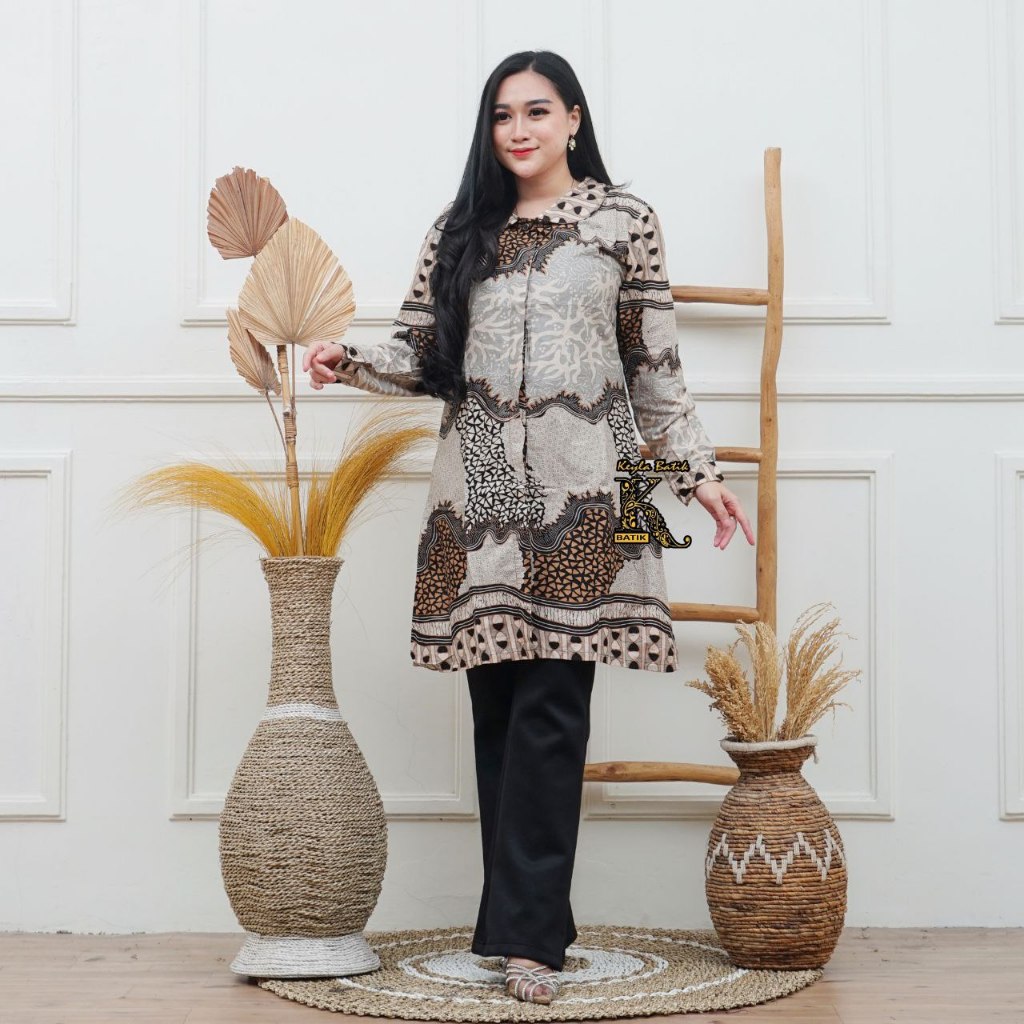 Atasan Kantor Tunik Batik Lengan Kancing Motif KENTRING MANIK Bahan Katun Kualitas Terbaik