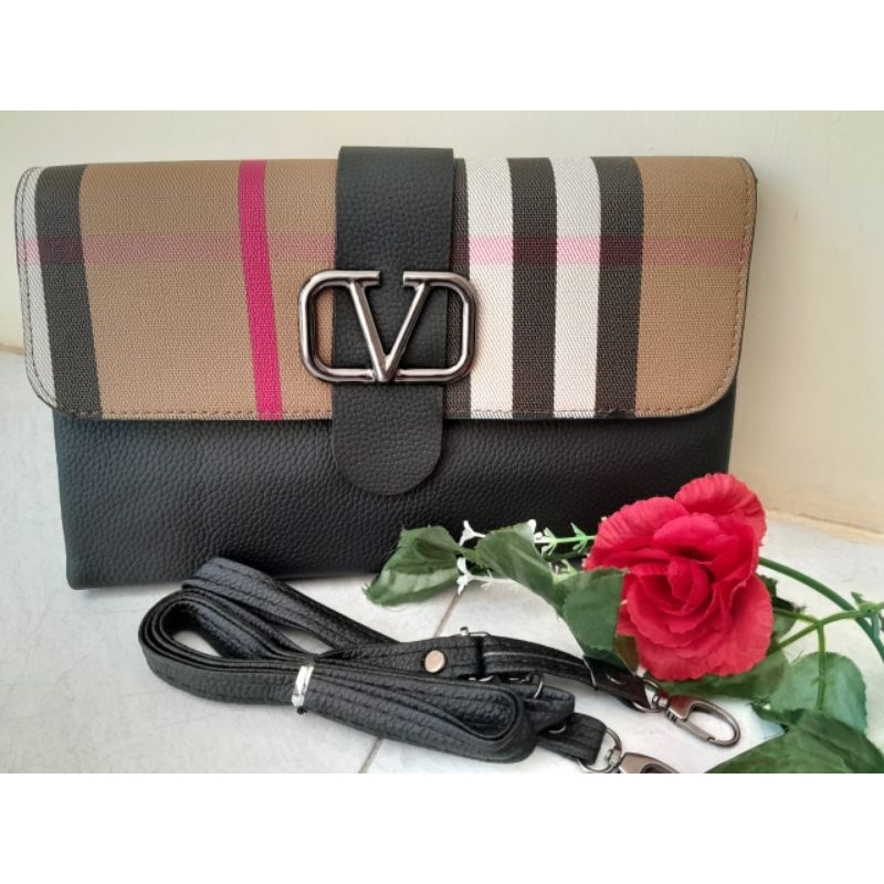TAS SELEMPANG WANITA LOGO V KULIT JERUK IMPORT