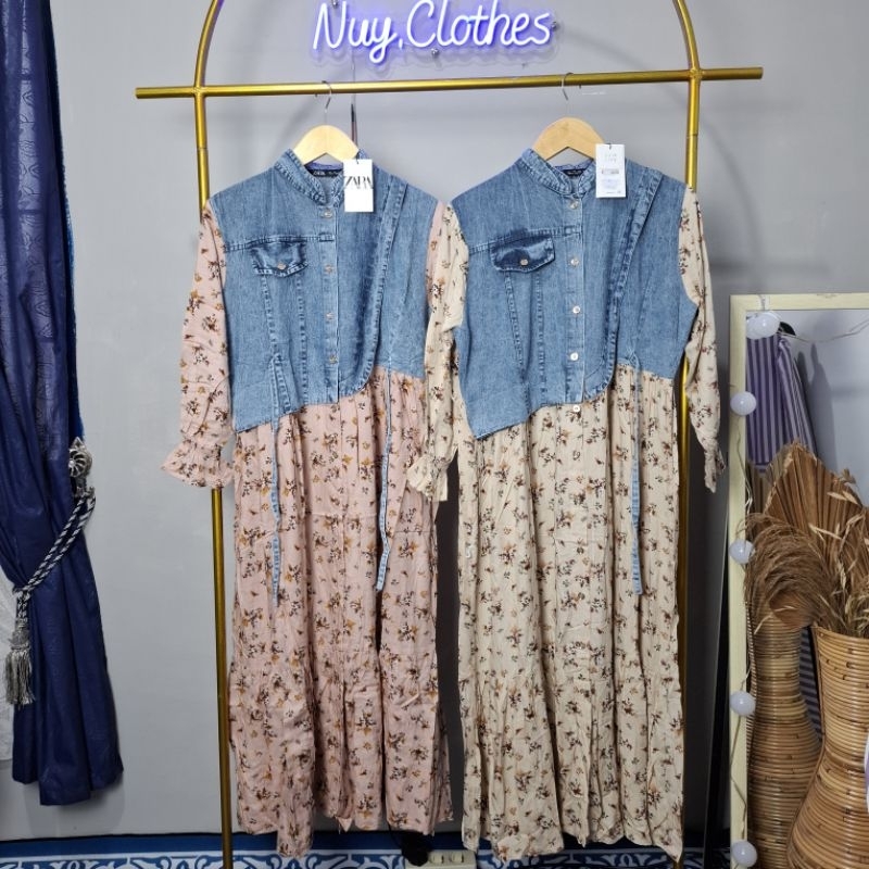Midi Dress Rayon Kombinasi Jeans by Zara / Free Strap HP / Outfit Midi Dress / Midi Rayon / Gamis Ko