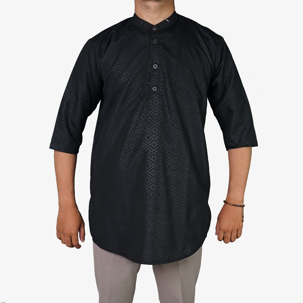 Kurta Pakistan Motif Embos Kemko Waleed Baju Koko Lengan 3/4 Gamis Pria Dewasa Warna Hitam Emboss
