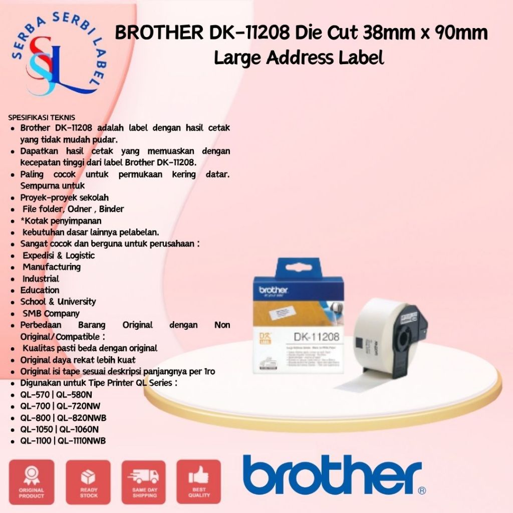 

BROTHER DK-11208 Die Cut 38mm x 90mm Large Address Label DK11208