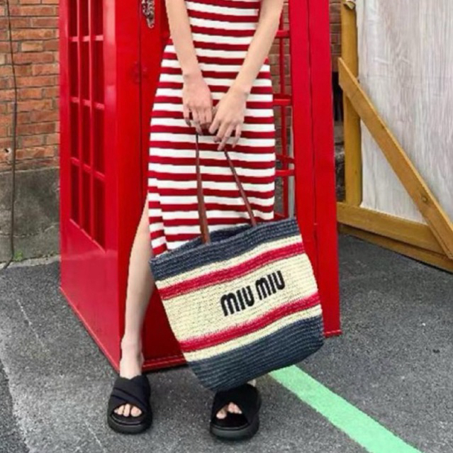 MIUMIU Raffia And Cotton Tote Bag