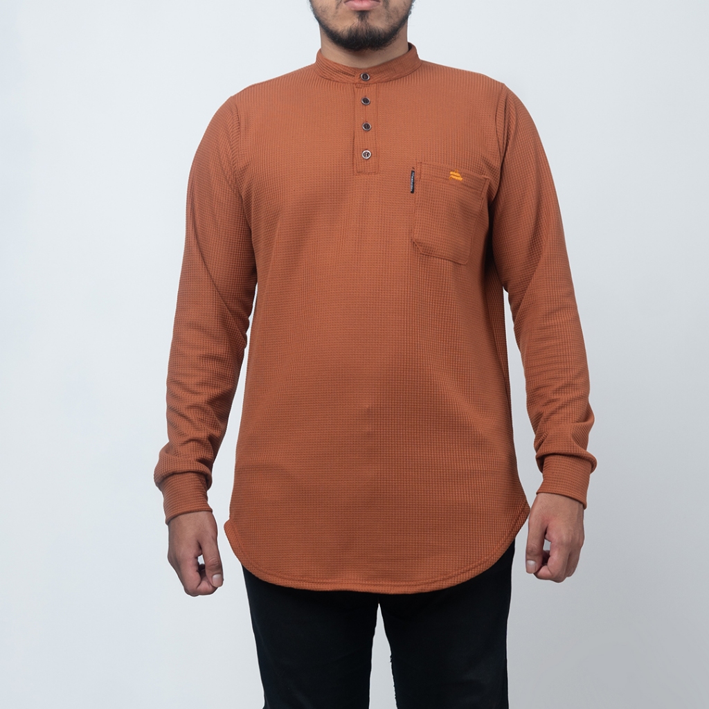 ZONKAS Kurta Zain Dewasa | Kemko Kasual Pria Dewasa | Kemeja Koko Polos Tangan Panjang | Caramel