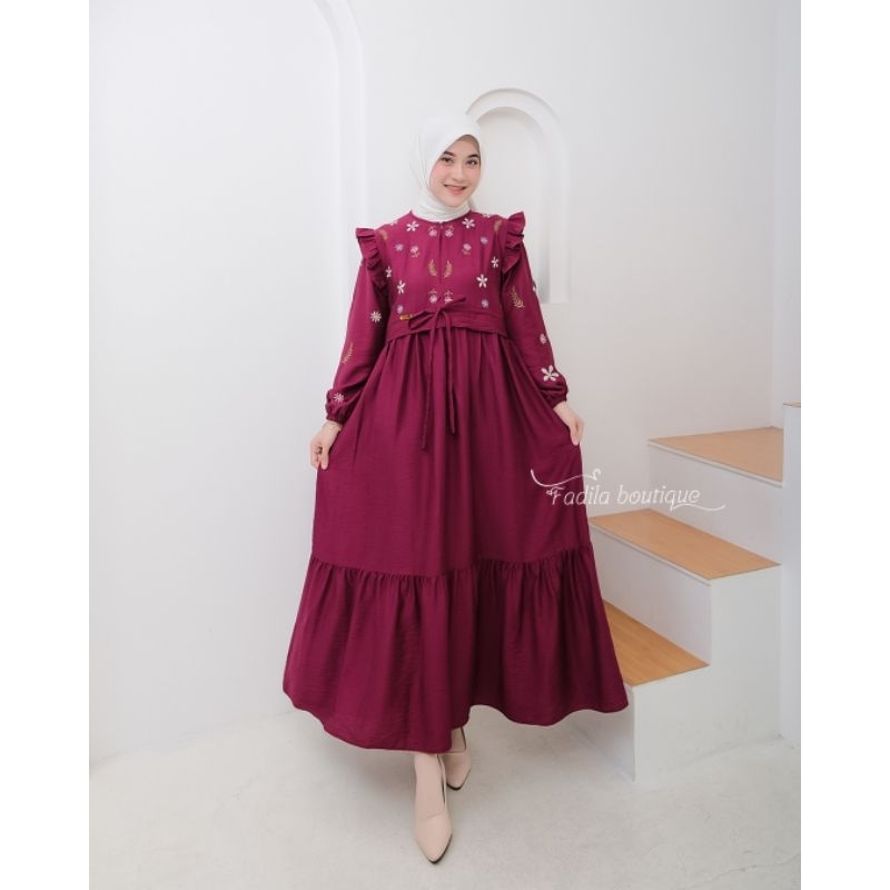 Adisty Midi Dres Bordir Dres Polo Linen Bordir