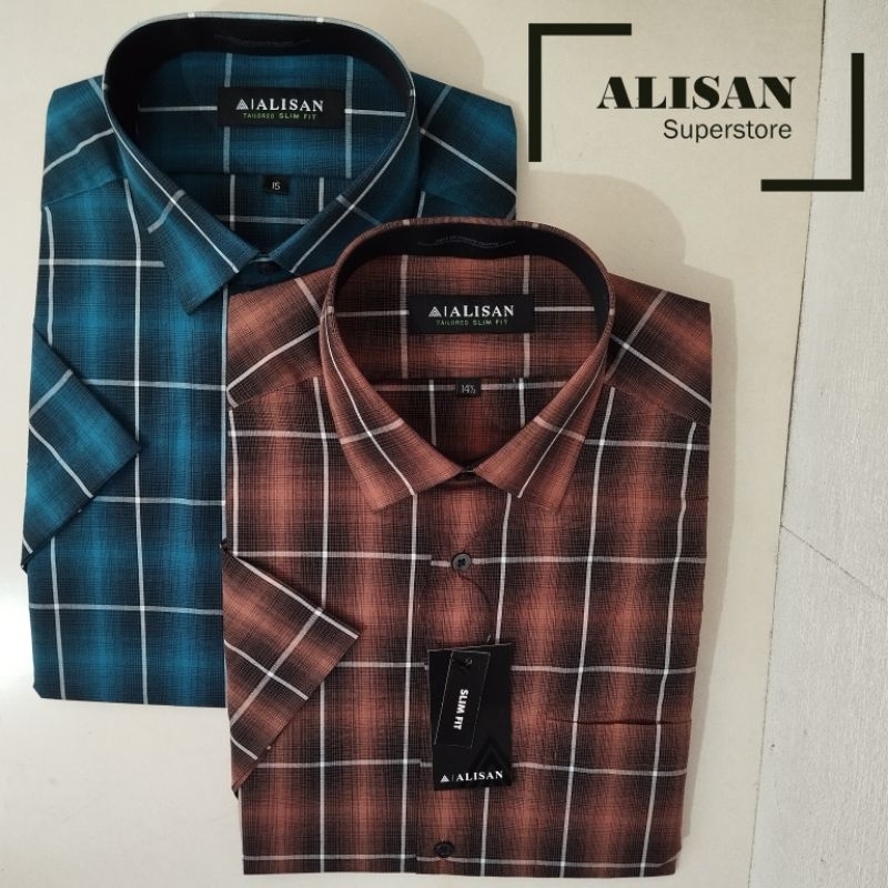 Alisan Kemeja Pria Motif Kombinasi Kotak Hijau/ Coklat Lengan Pendek Slimfit