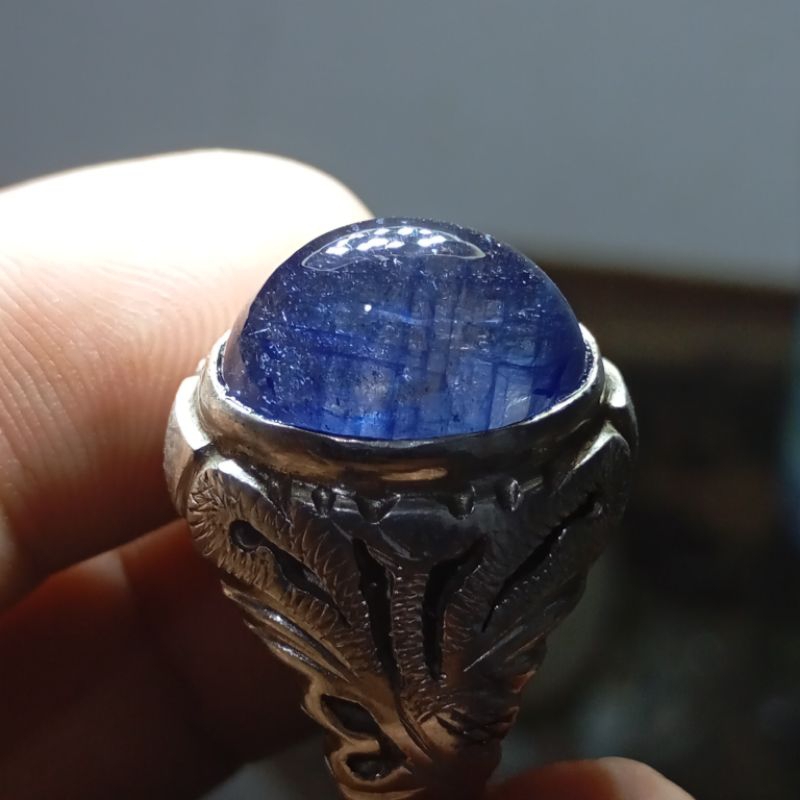 Cincin Pria Blue Sapphire Safir Corundum Cabochon Perak 925