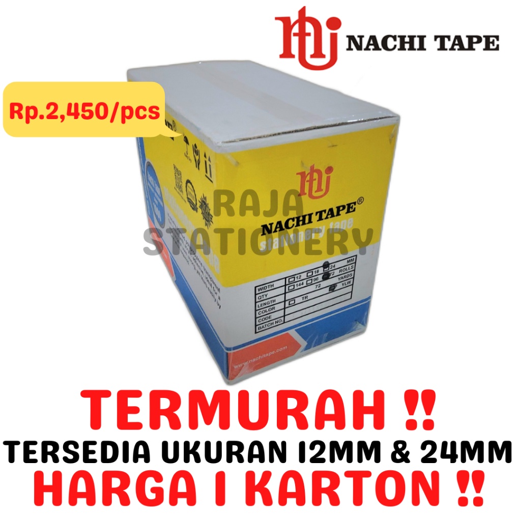 

NACHI STATIONERY TAPE 12mm 24mm SELOTIP SOLATIP ISOLASI NACHI LEM DUS 1 CTN KODE G7I7