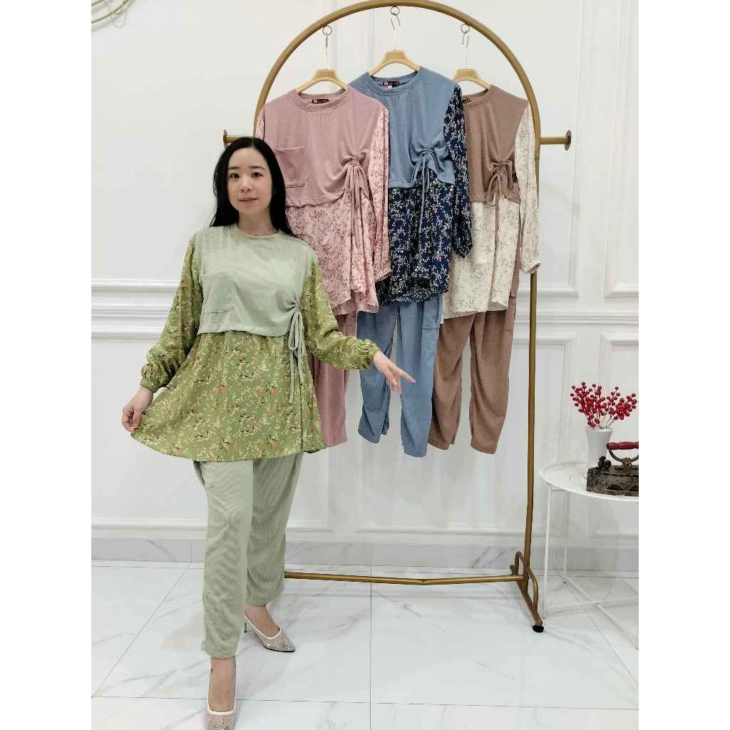 Nagita Setelan Wanita Kekinian One Set Kaos Knit Premium Kombinasi Mix Katun Rayon