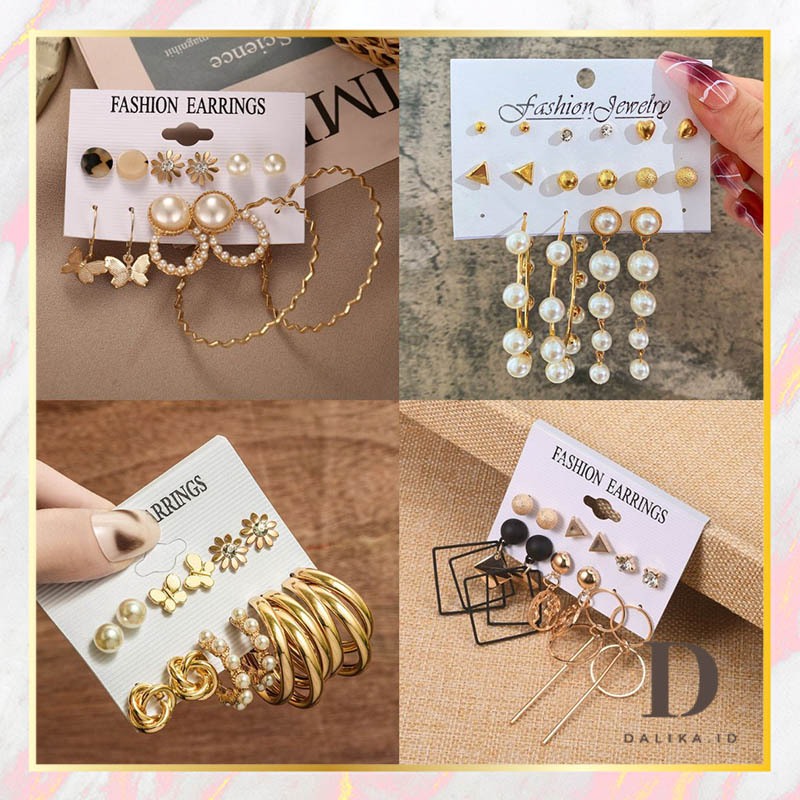 Anting Set 6 Set / 8 Set Model Resin Loreng Hitam Mutiara Kristal Hati Aksesoris Wanita Korea